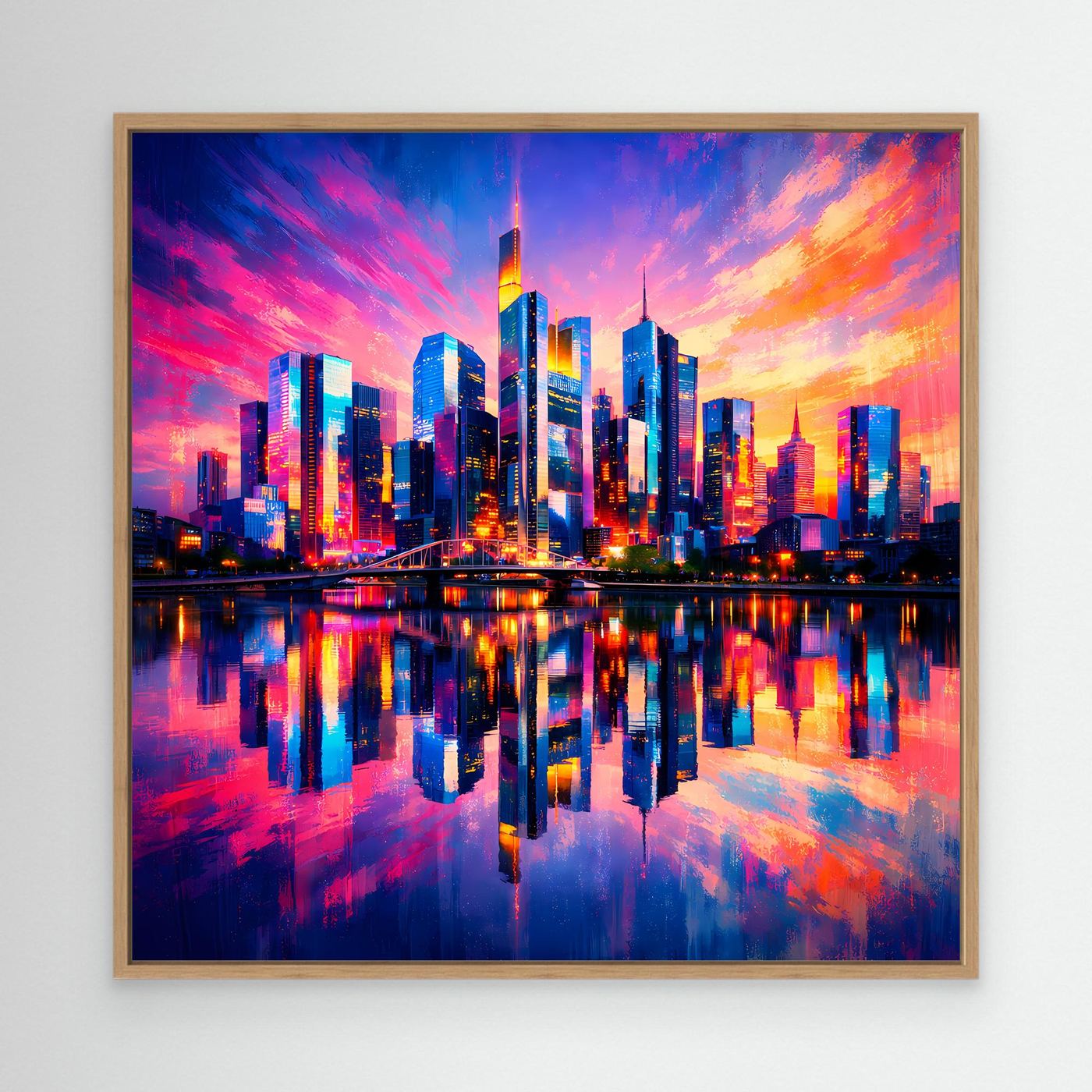Leinwand Farbenfrohe Frankfurt Skyline bei Sonnenuntergang | Modernes Wandbild