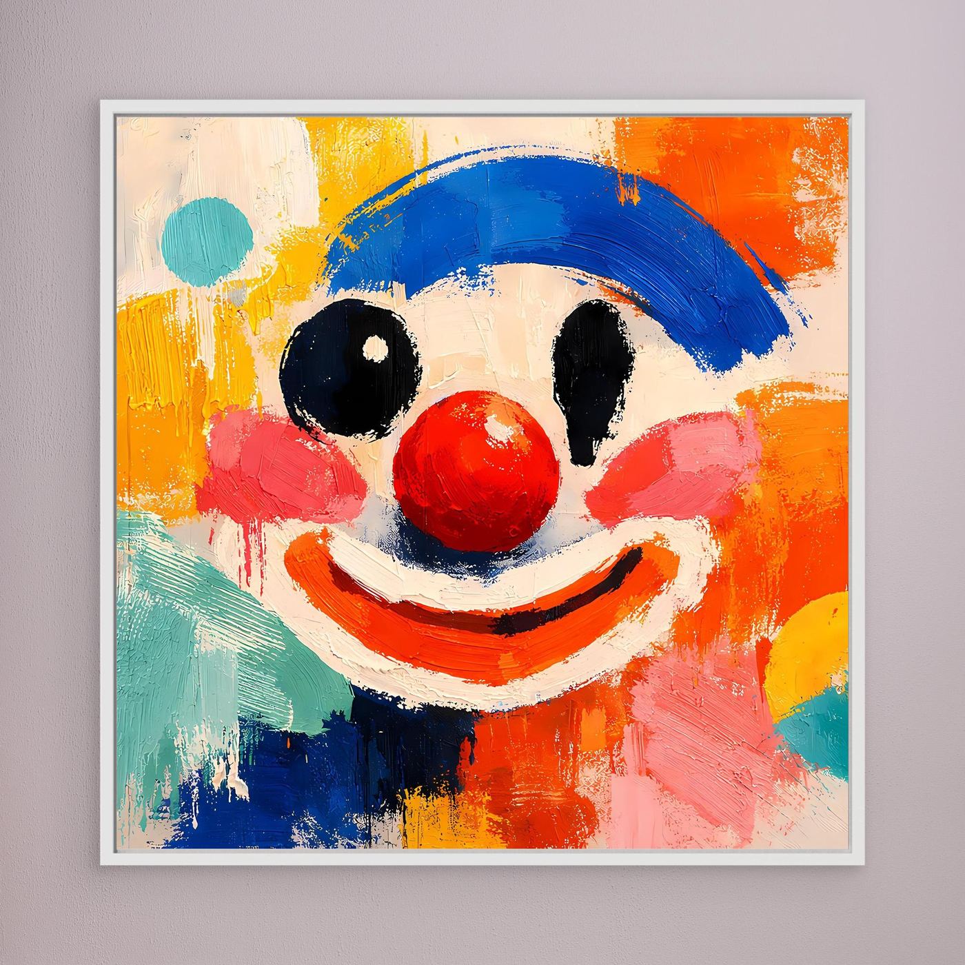 Gerahmtes Leinwand-Wandbild mit abstraktem Clown-Gesicht, blauem Hut, roter Nase und bunten Farben.