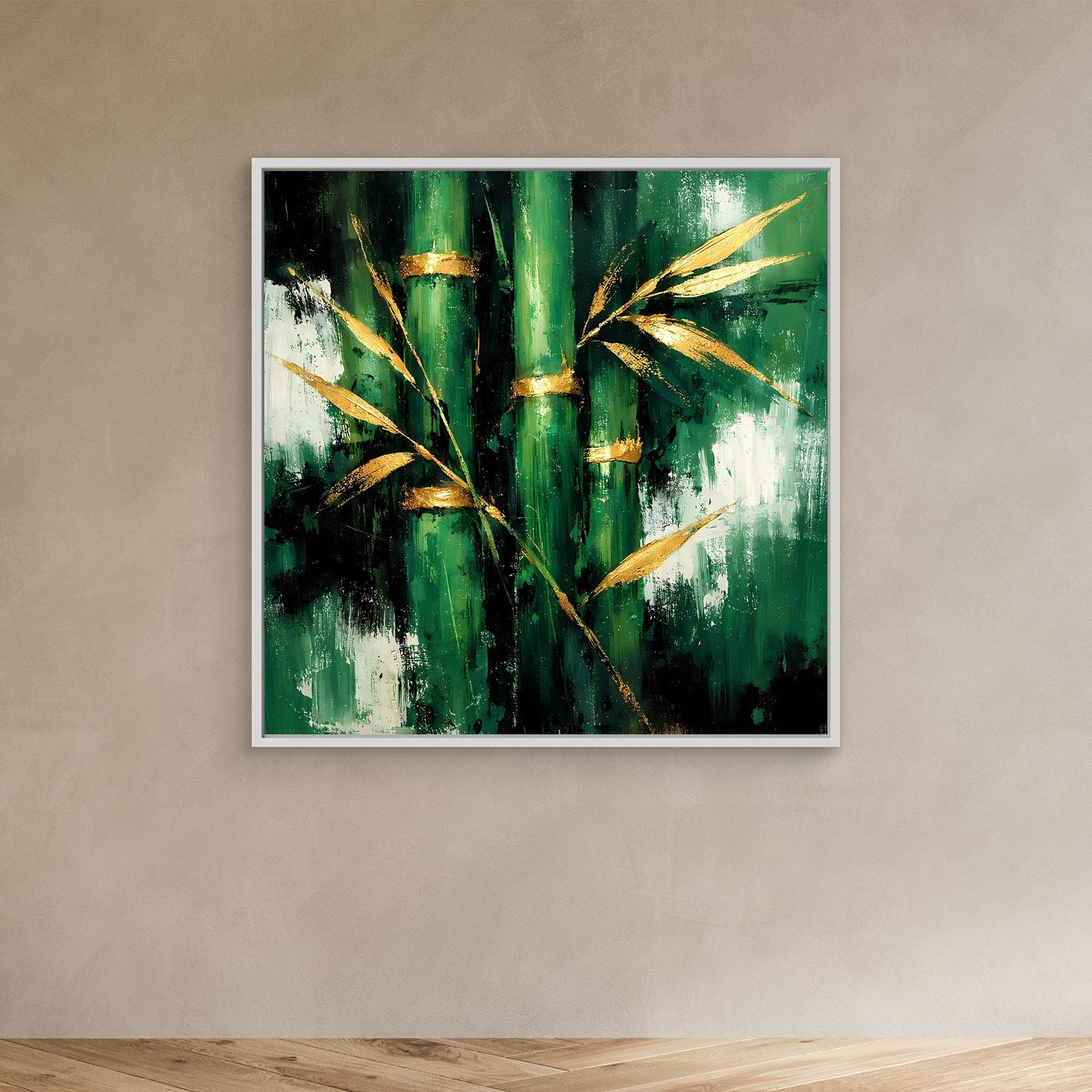 Leinwand Abstraktes Bambus Gemälde in Grün und Gold | Modernes Natur Wandbild