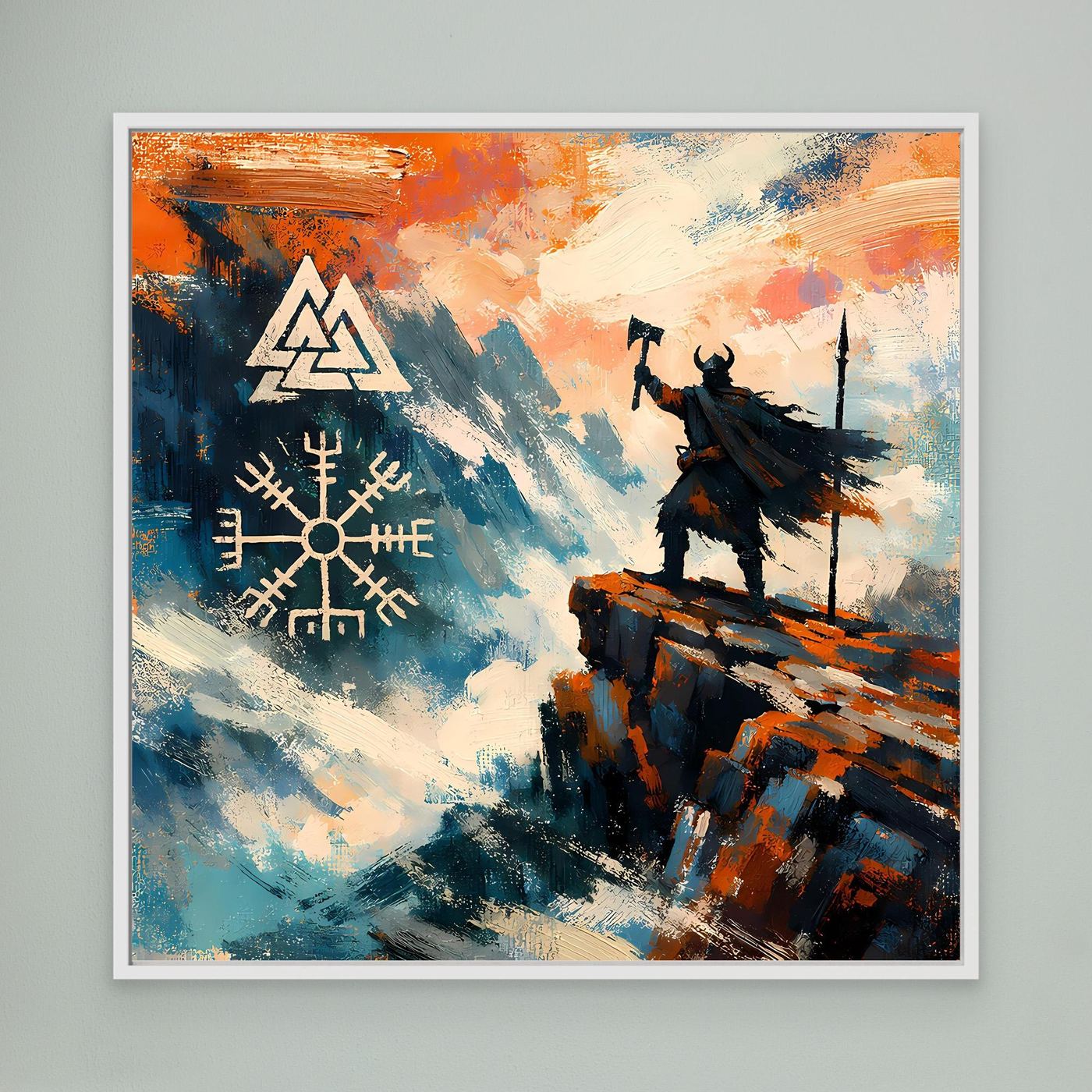 Weiß gerahmtes abstraktes Leinwand-Wandbild mit Vegvisir-Symbol und Wikingerkrieger