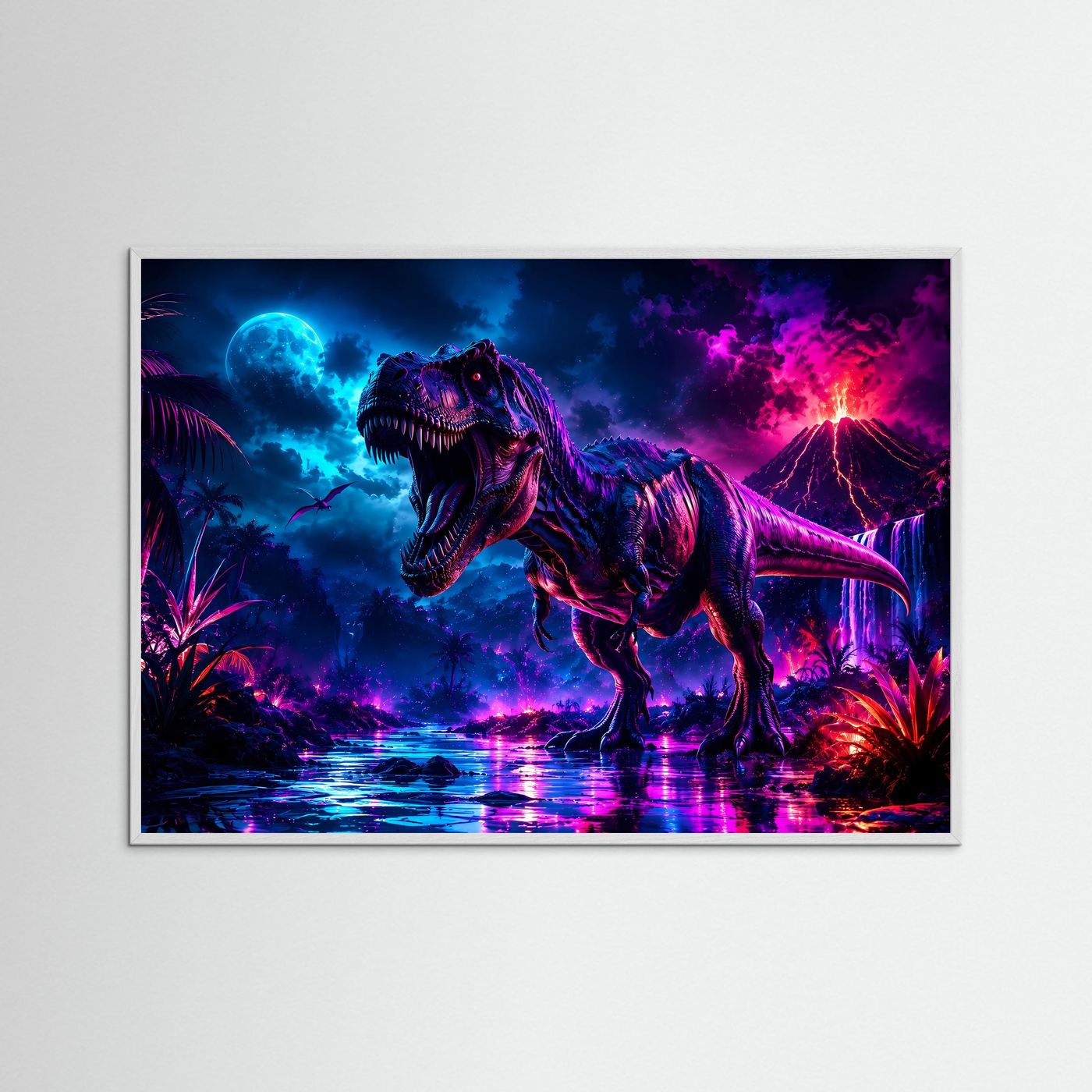 T-Rex Neon Nacht | Dinosaurier mit Vulkan & Mond