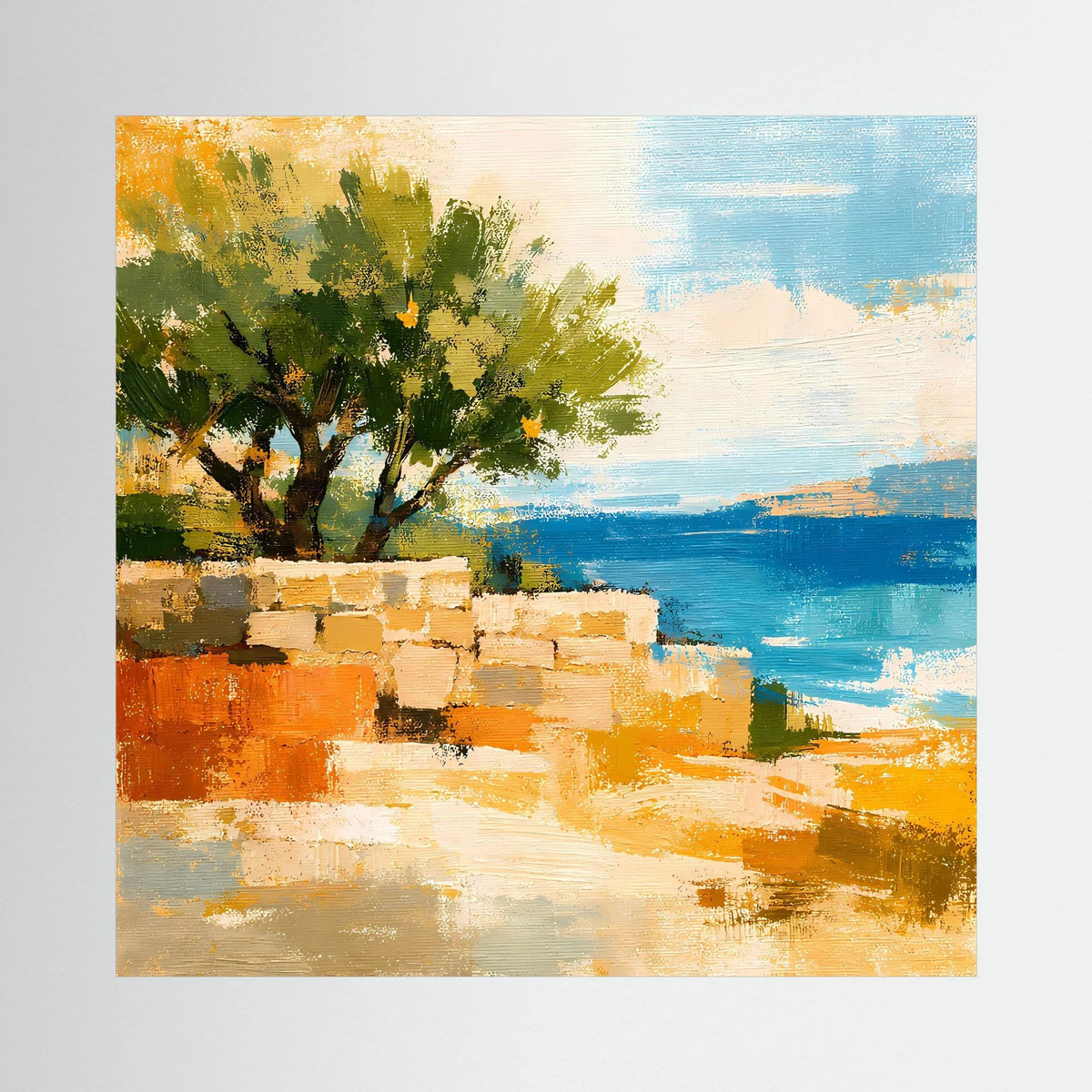 Abstraktes Leinwandbild mit Olivenbaum, Steinmauer und blauem Meer