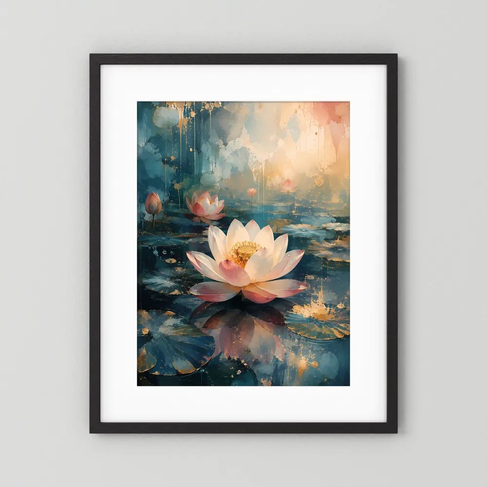Hochformatiges Lotus-Kunstposter im schwarzen Rahmen, weiße Blüte mit goldfarbenem Zentrum, blaues Wasser