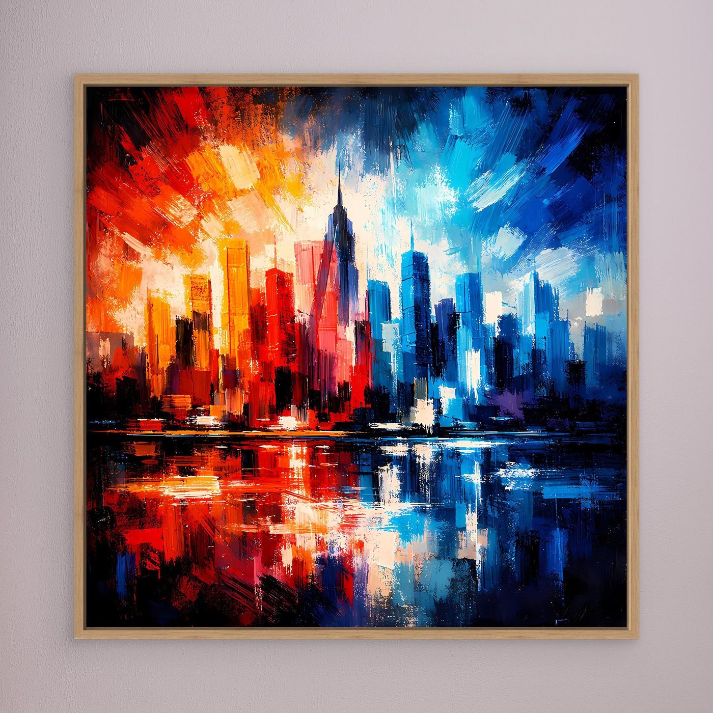 Leinwandbild mit abstrakter Skyline, rotes und blaues Stadtbild im Eichenrahmen