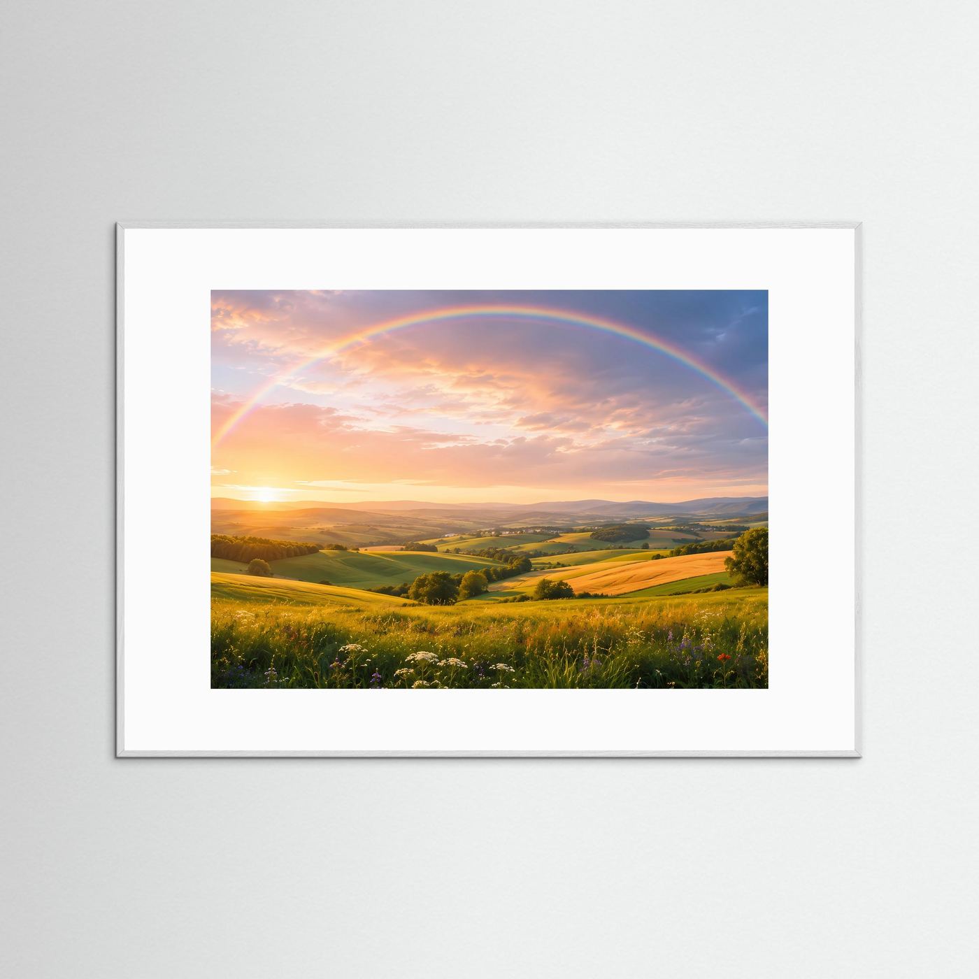 Gerahmtes Poster Querformat mit Regenbogen über Landschaft bei Sonnenuntergang im weißen Rahmen
