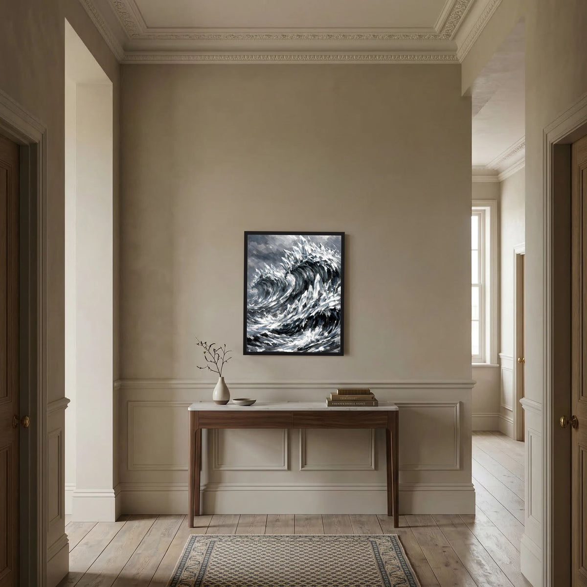 Gerahmtes Hochformat-Poster mit abstrakter Schwarzweiß-Wellenbewegung