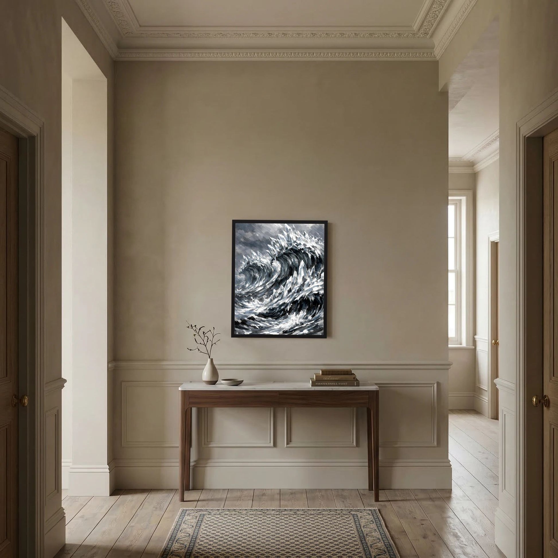 Gerahmtes Hochformat-Poster mit abstrakter Schwarzweiß-Wellenbewegung