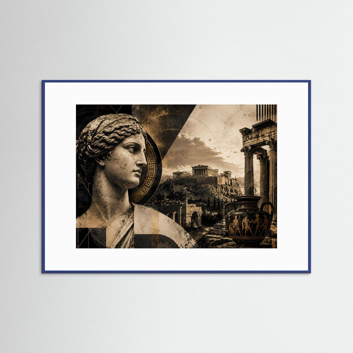 Wandbild mit Antik-Statue im Schwarz-Gold-Look, blau gerahmt