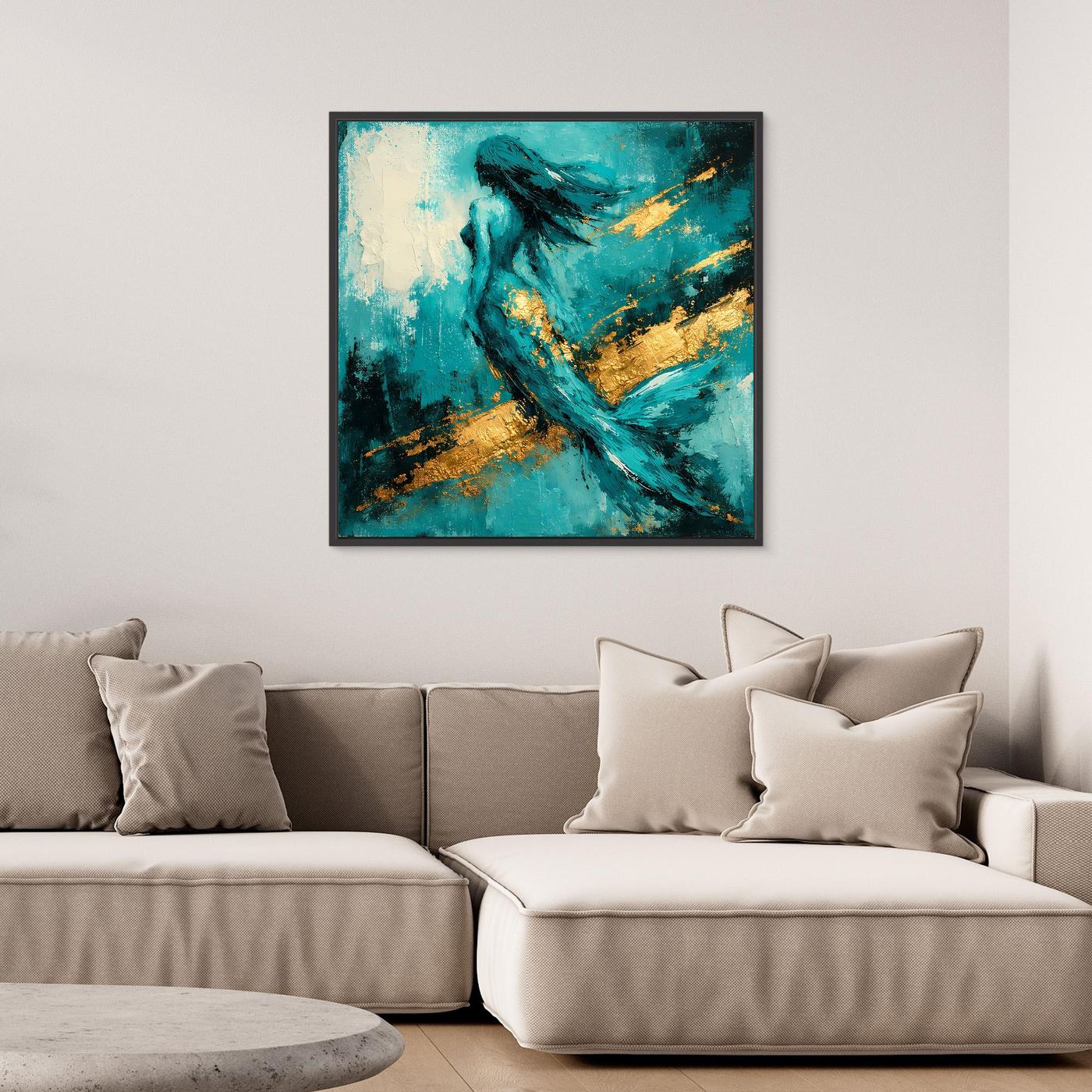 Leinwand Elegante Meerjungfrau in Türkis | Abstraktes Nixen Wandbild Gold Blau