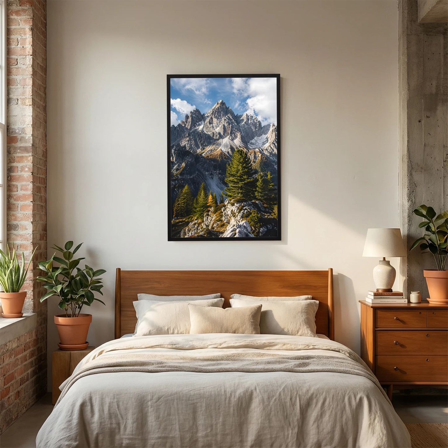 Wandposter mit schwarzem Holzrahmen: Bergpanorama mit Tannen und Felsgipfeln, Hochformat.