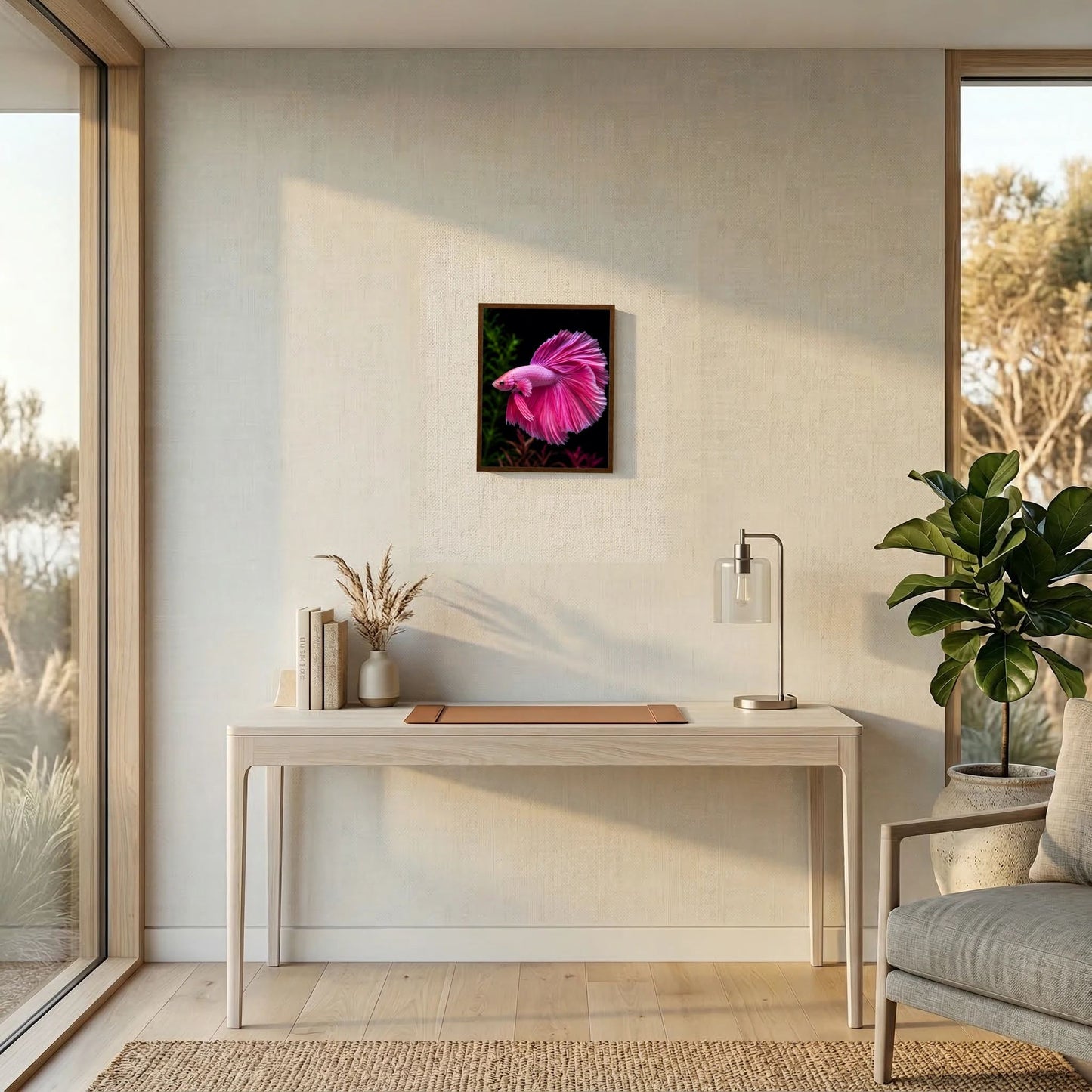 Tierposter im Hochformat mit rosa Betta im schwarzen Rahmen