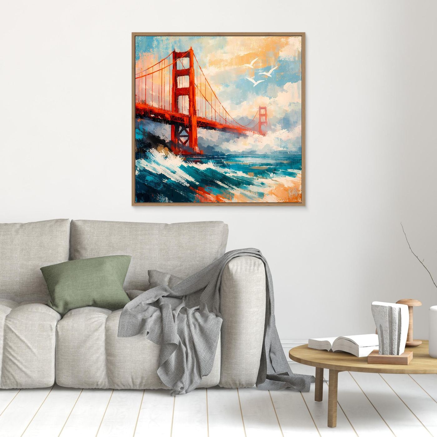 Kleines Wandbild Golden Gate Bridge in Rot, blau-türkise Farbflächen, goldbraun gerahmt