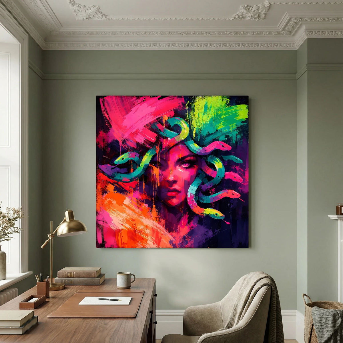 Leinwandbild mit abstrakter Medusen-Gesichtsillustration in Neonfarben, schwarzer Rahmen