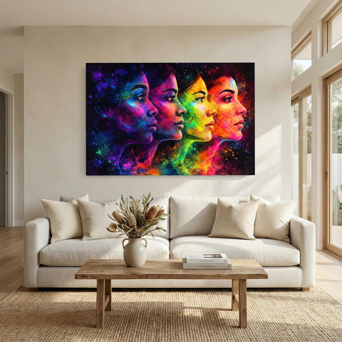 Wandbild im Querformat mit vier farbigen Porträtprofilen und bunten Farbsprenkel-Effekten