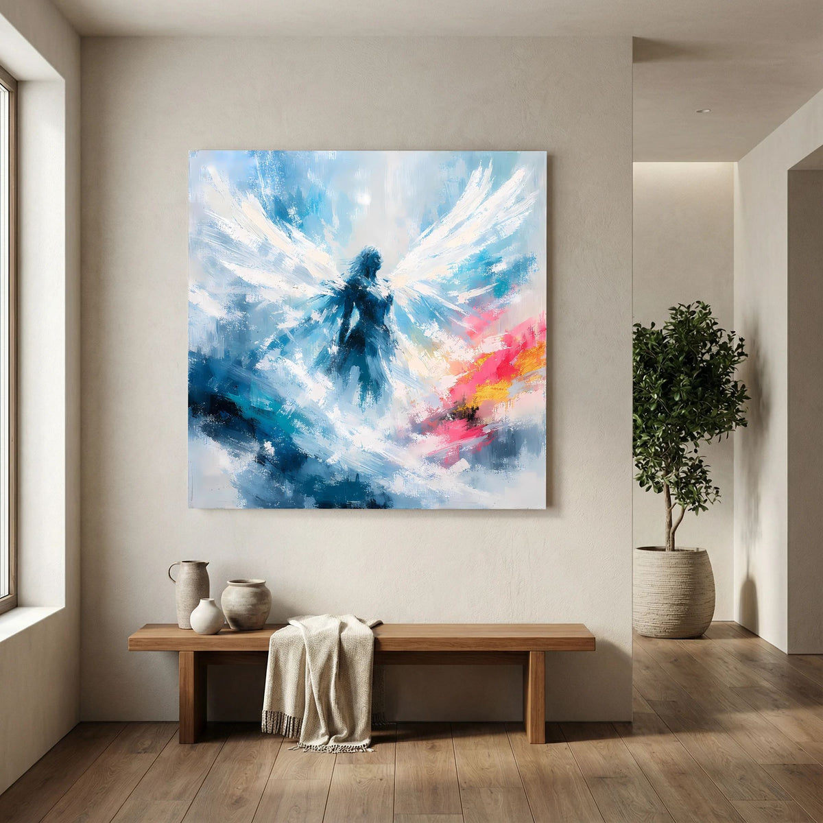 Quadratisches Leinwandbild mit abstrakter Engel-Figur und Flügeln in Blau und Weiß.