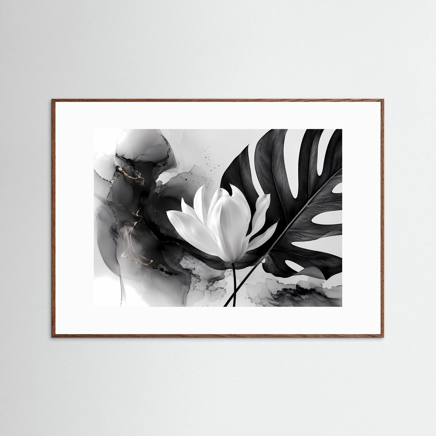 Schwarz Weiß Lotus Poster | Monstera Botanical Wandkunst | Minimalistische Blumen Kunst | Moderne Leinwand | Monochrome Natur mit Goldakzenten
