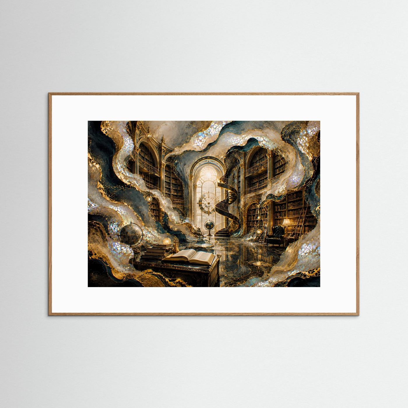 Querformat-Poster in braunem Rahmen, surrealer Bücherraum mit goldenen Ornamenten und Lichtblicken