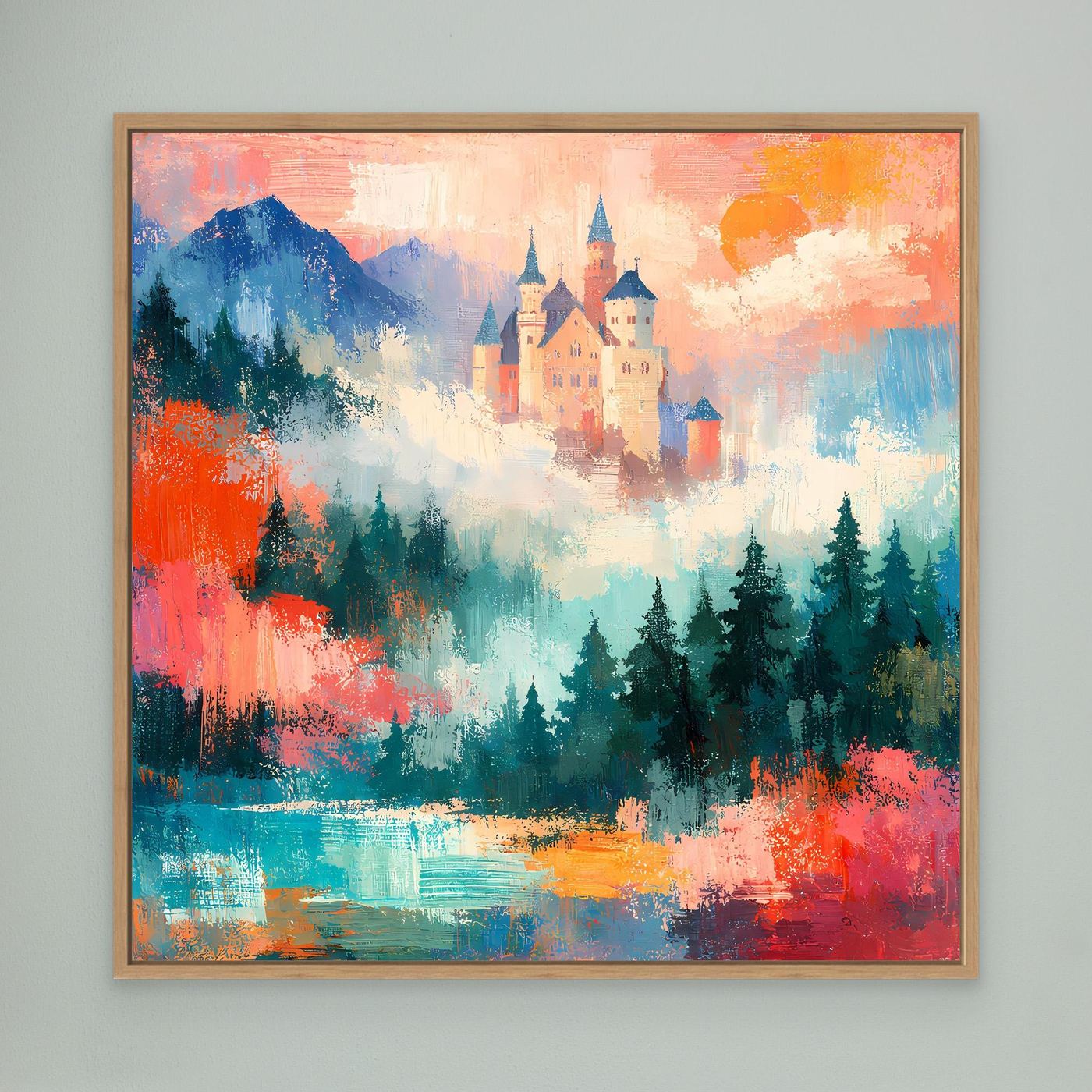 Abstraktes Wandbild mit Schlossmotiv, Berge, Tannen und See, im Eichenrahmen