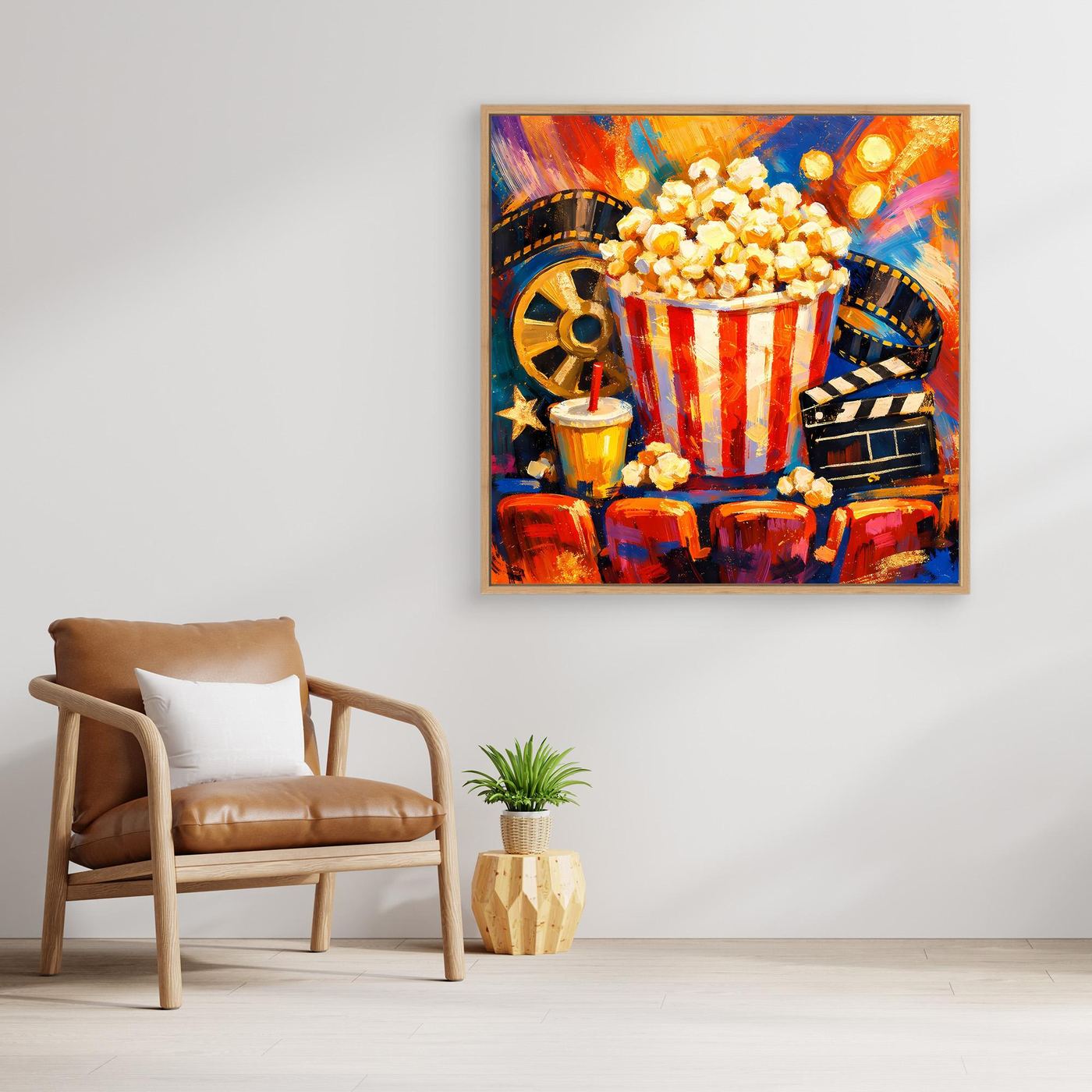 Leinwandbild: Popcornschale, filmstreifenartige Bögen und leuchtende Farbreflexe