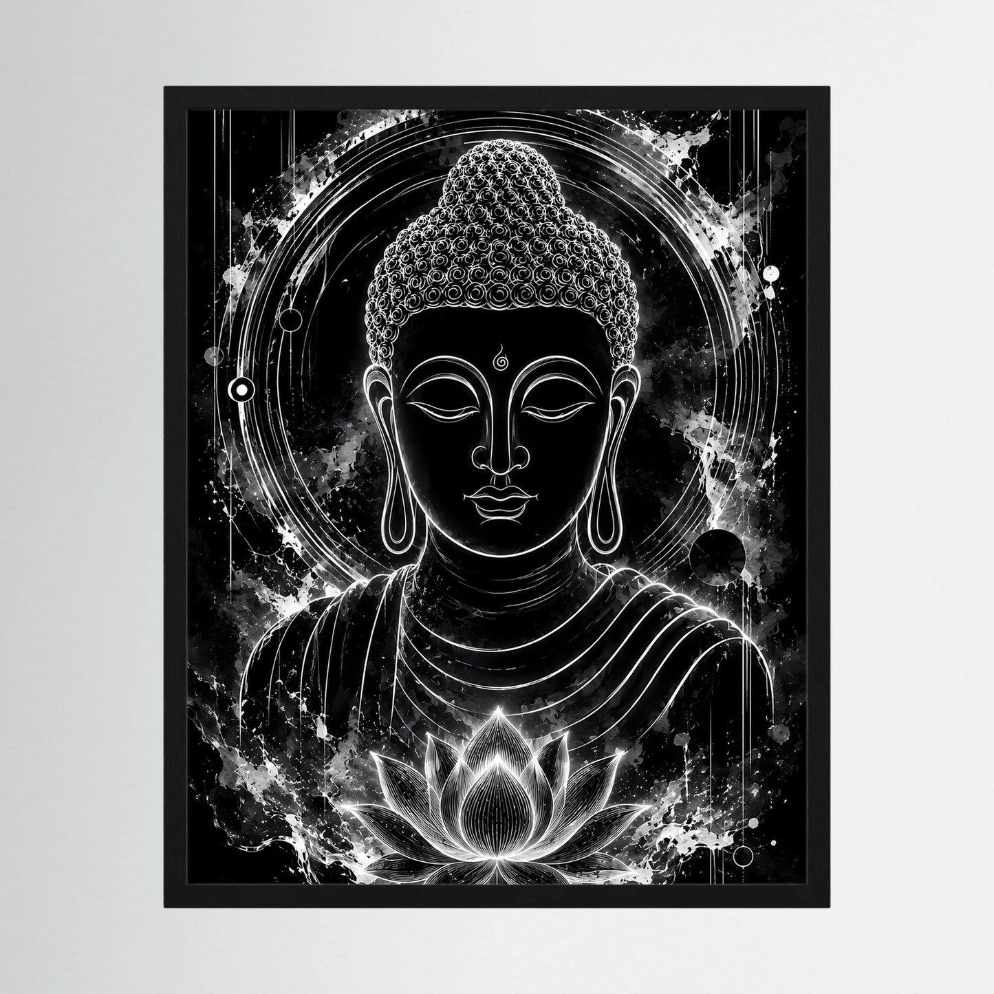Schwarz-weißes Buddha-Kunstposter im schwarzen Rahmen mit Aura-Kreis und Lotus