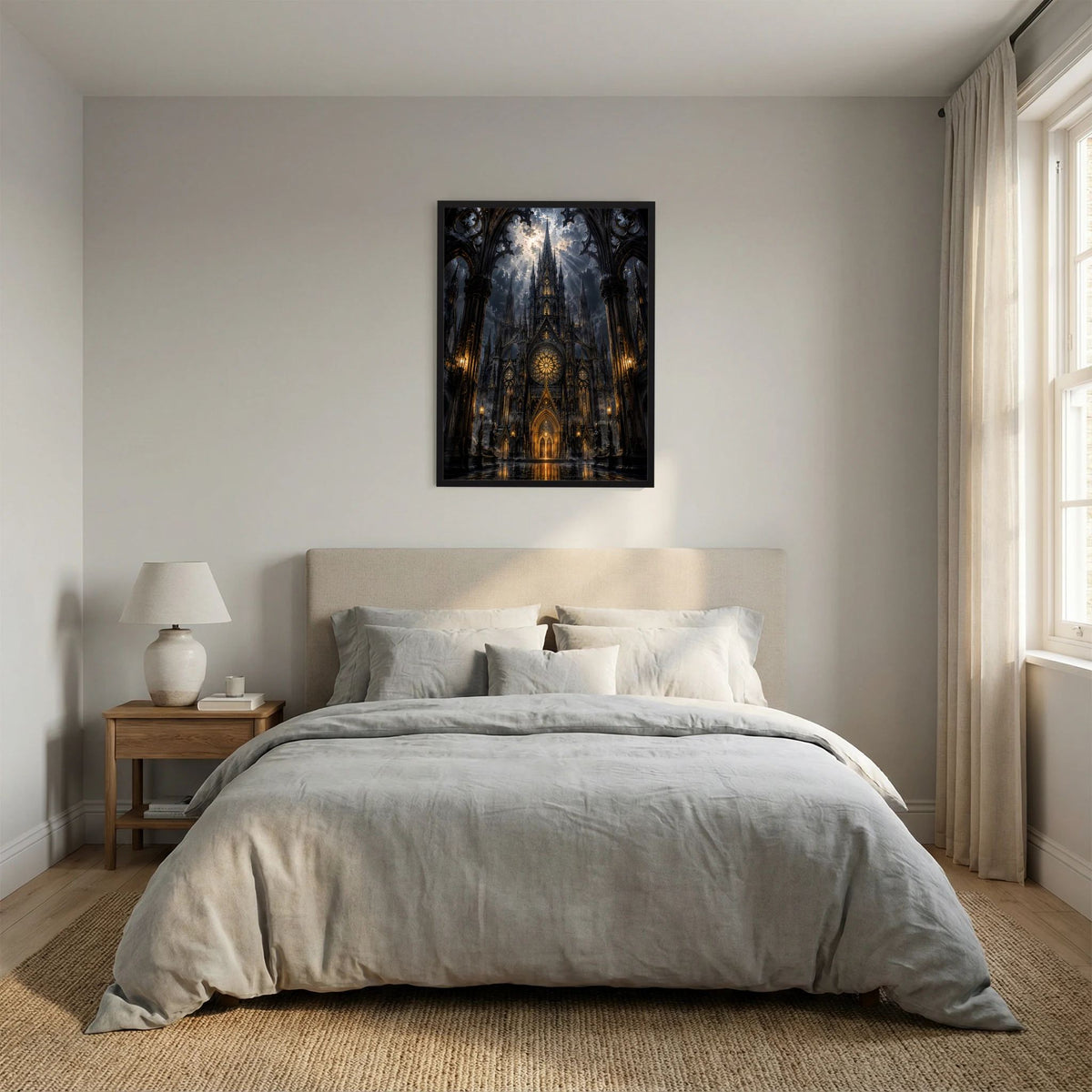 Hochformatiges Poster mit gotischer Kathedrale in Schwarz und Gold, schwarzer Rahmen
