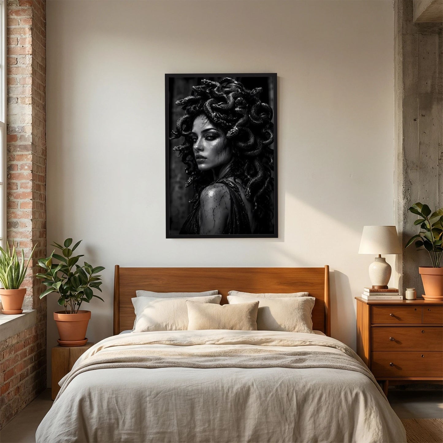 Kunstposter im Hochformat mit schwarzem Rahmen: schwarzweißes Porträt einer Frau mit Schlangenhaar