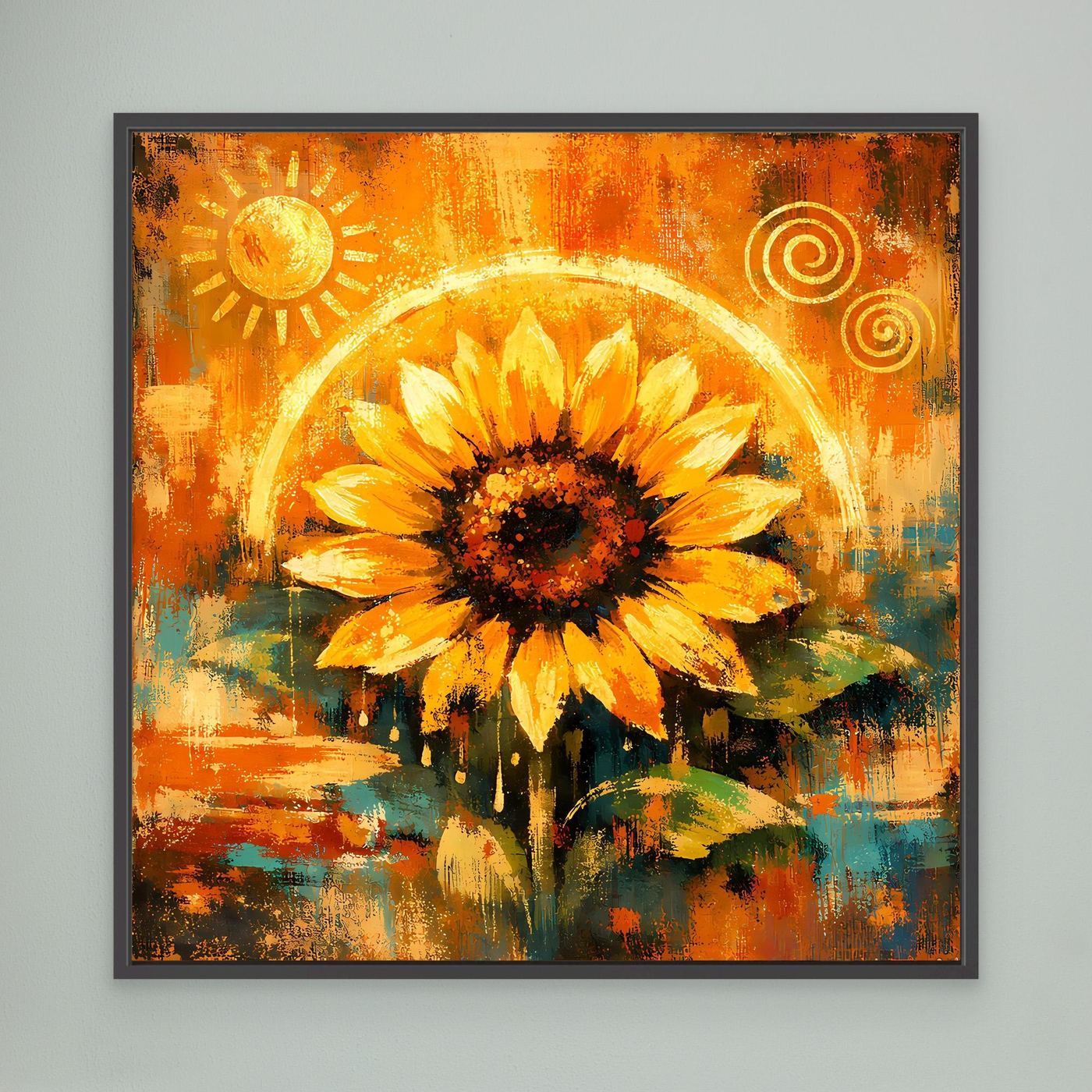 Wandbild mit abstrakter Sonnenblume in Goldtönen, mit schwarzem Rahmen