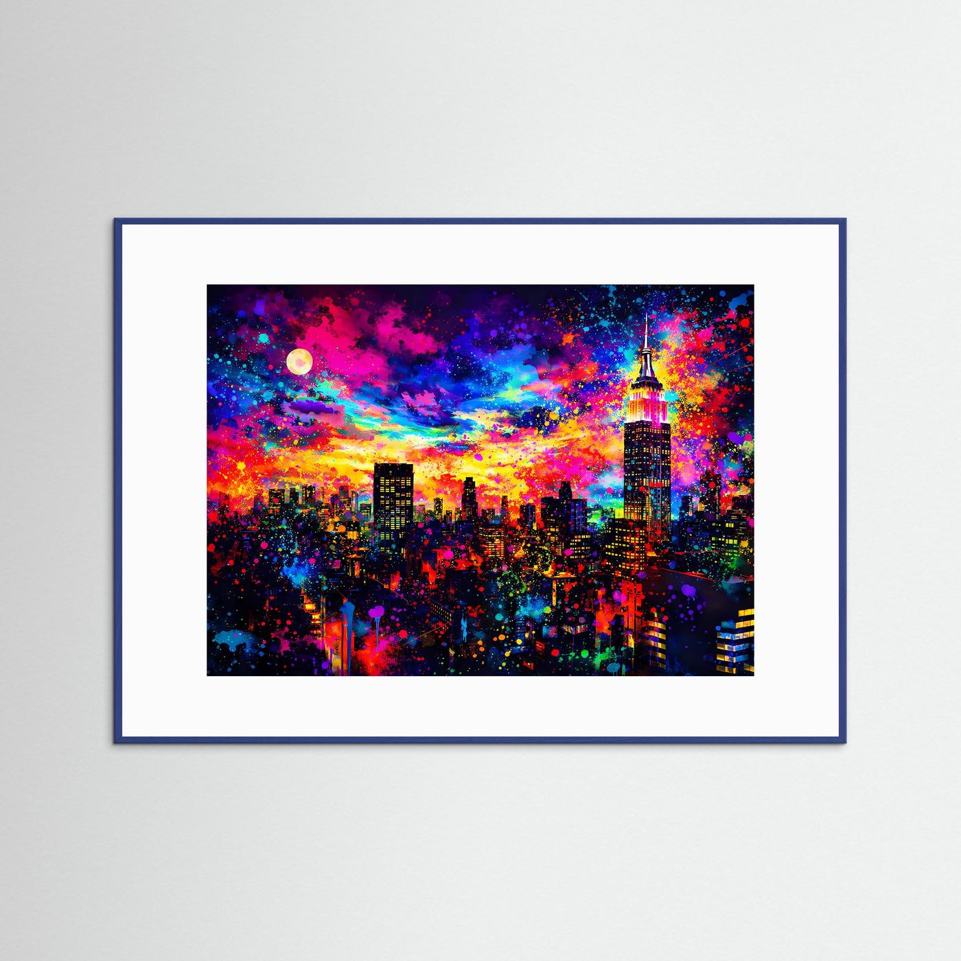Wandbild mit blauer Einfassung und weißem Passepartout, farbenfrohe Skyline bei Nacht im Querformat