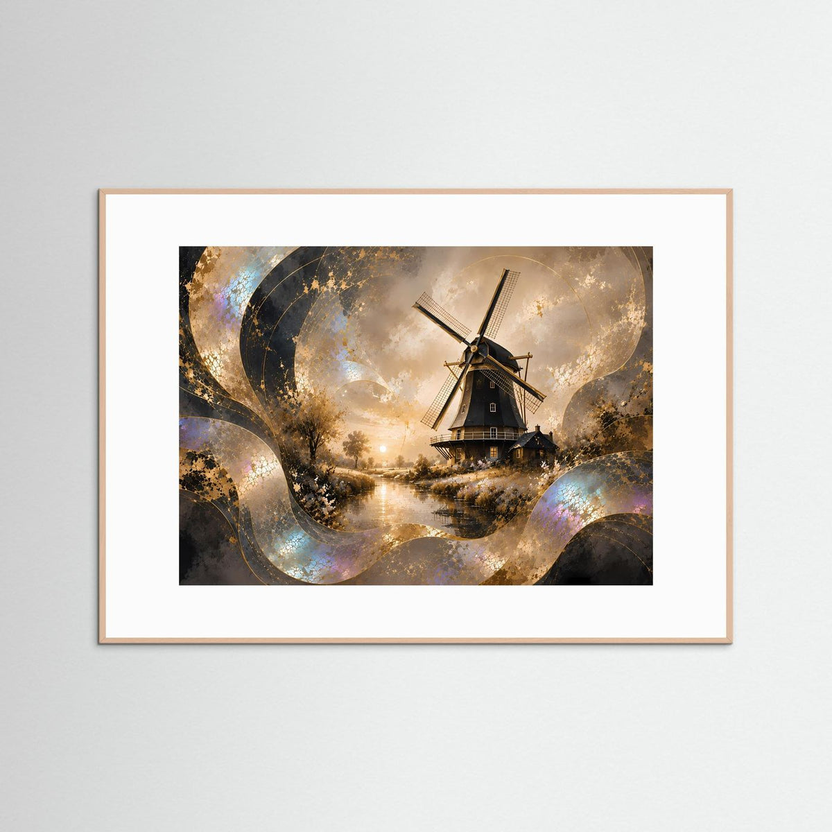 Poster mit Windmühle, braun gerahmt, abstrakte Gold-Perlmutt-Landschaft
