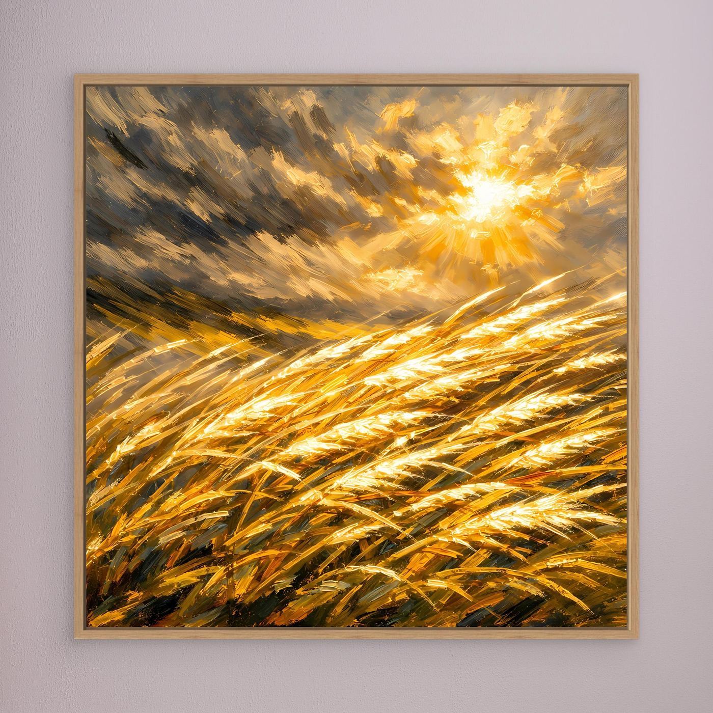Leinwandbild mit goldenem Weizenfeld und Sonnenuntergang, Holzrahmen in Hellbraun