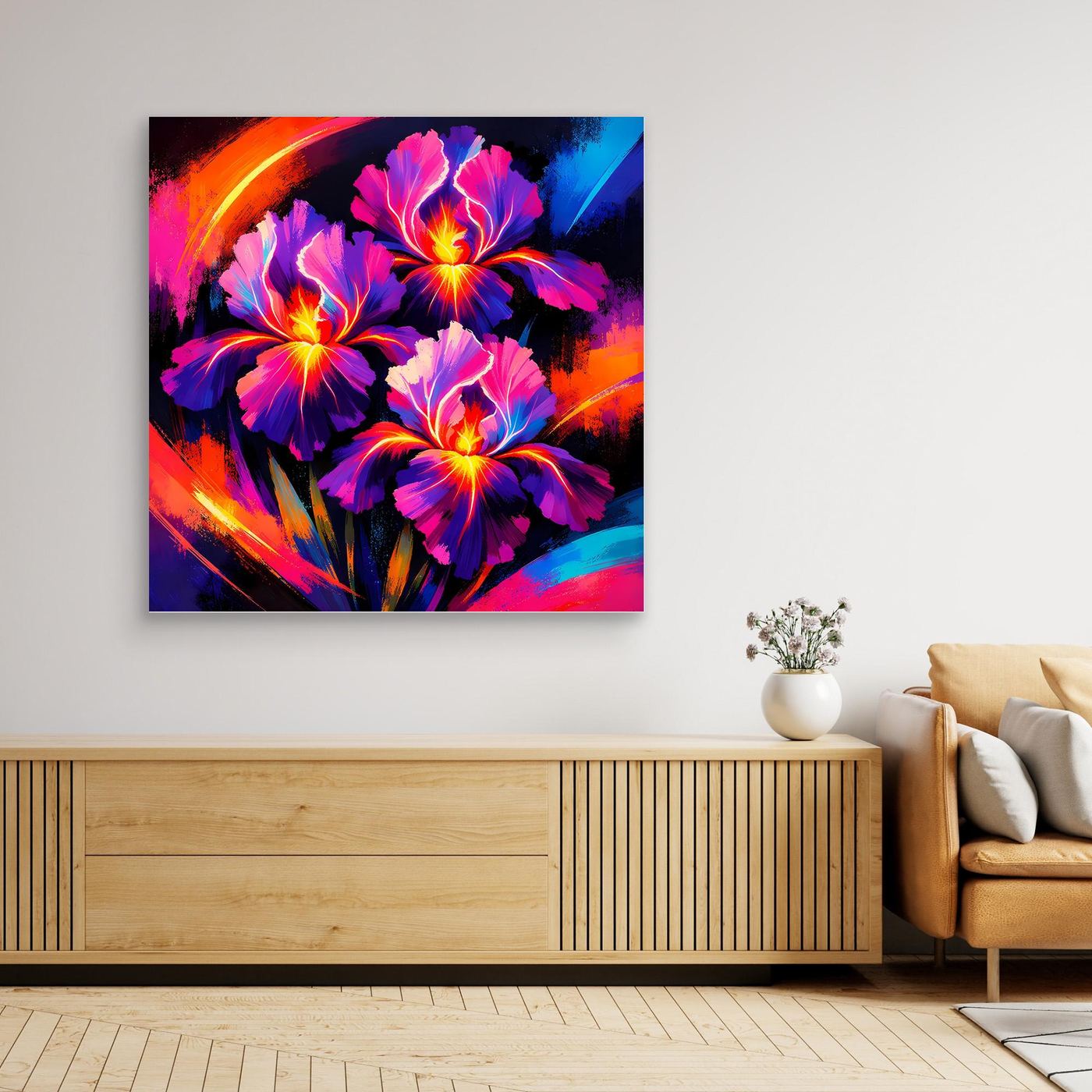Leinwandbild mit abstrakten Irisblüten in Neonfarben ohne sichtbaren Rahmen