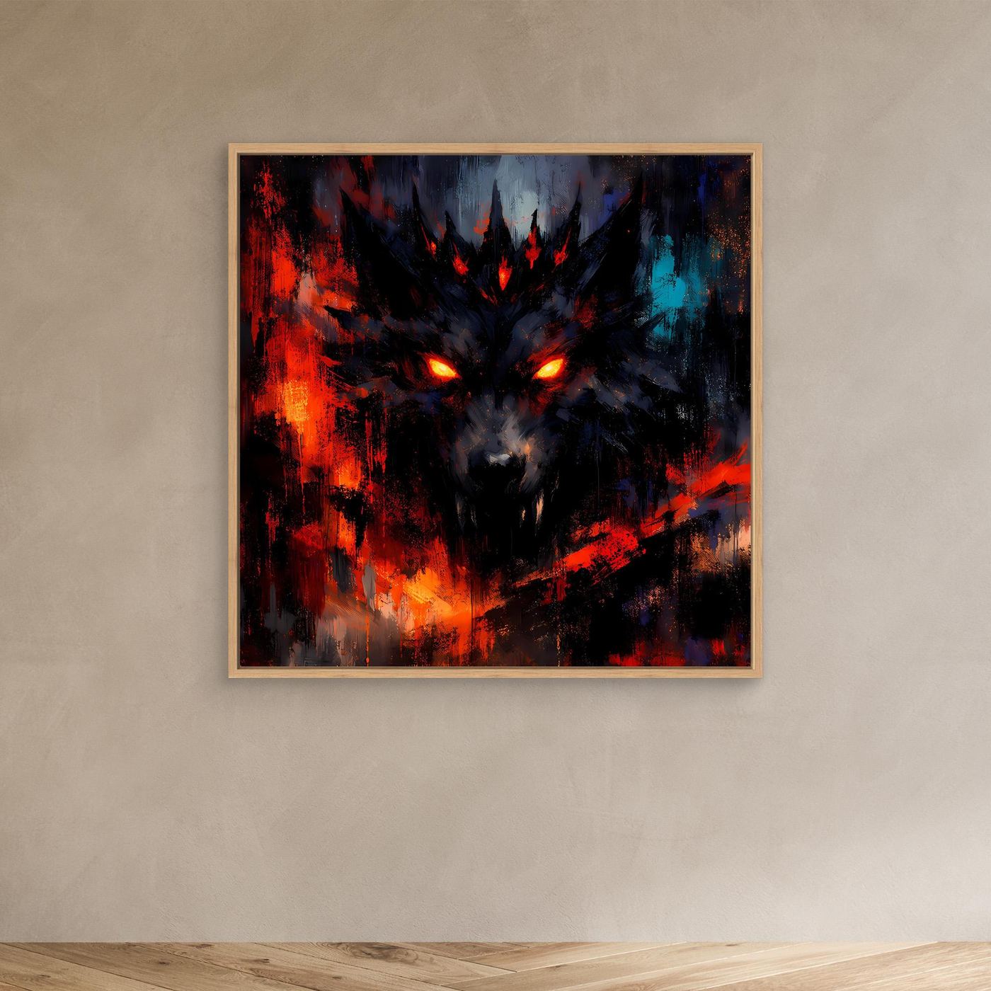 Abstraktes Leinwand-Wandbild mit Schattenwolf im Eichenholzrahmen, leuchtende Augen Rot/Blau