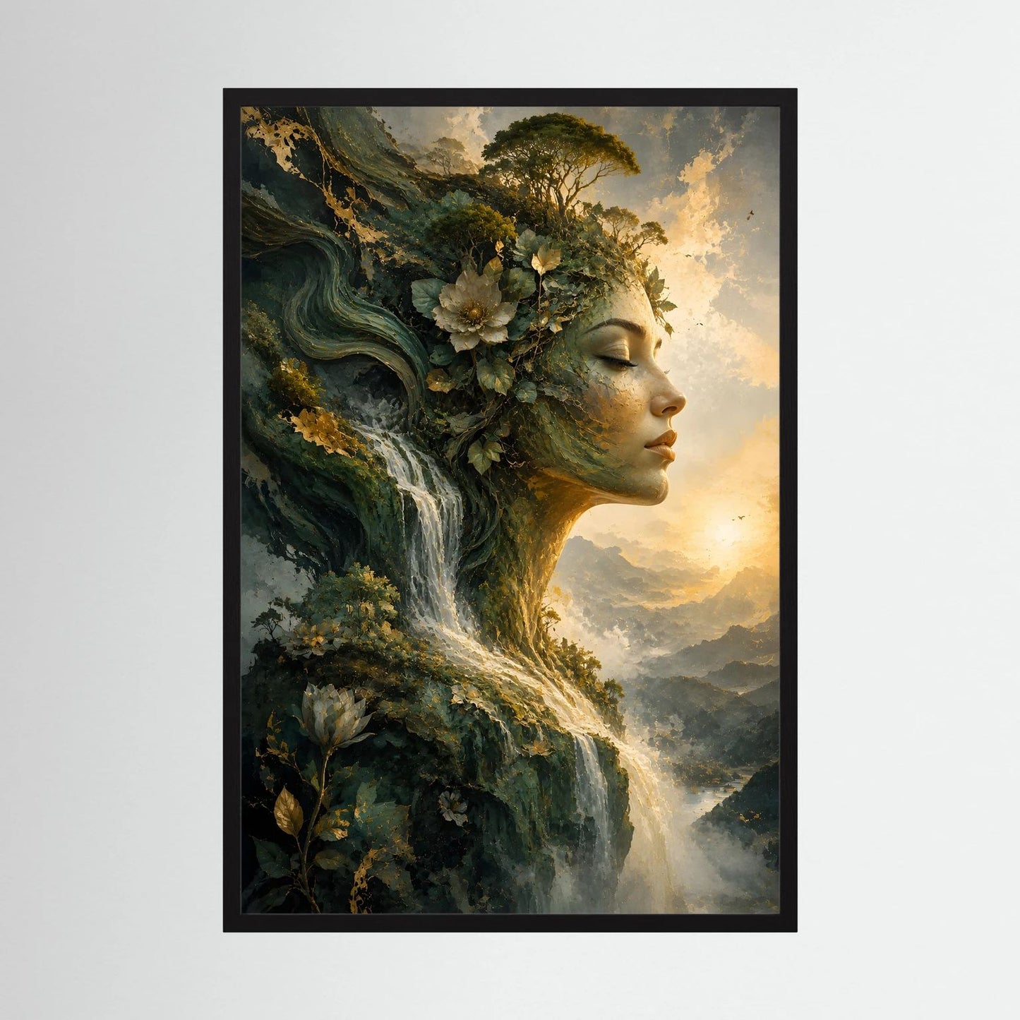 Wandposter: mystische Frauenfigur mit Wasserfall und Wald, Hochformat, schwarzer Rahmen
