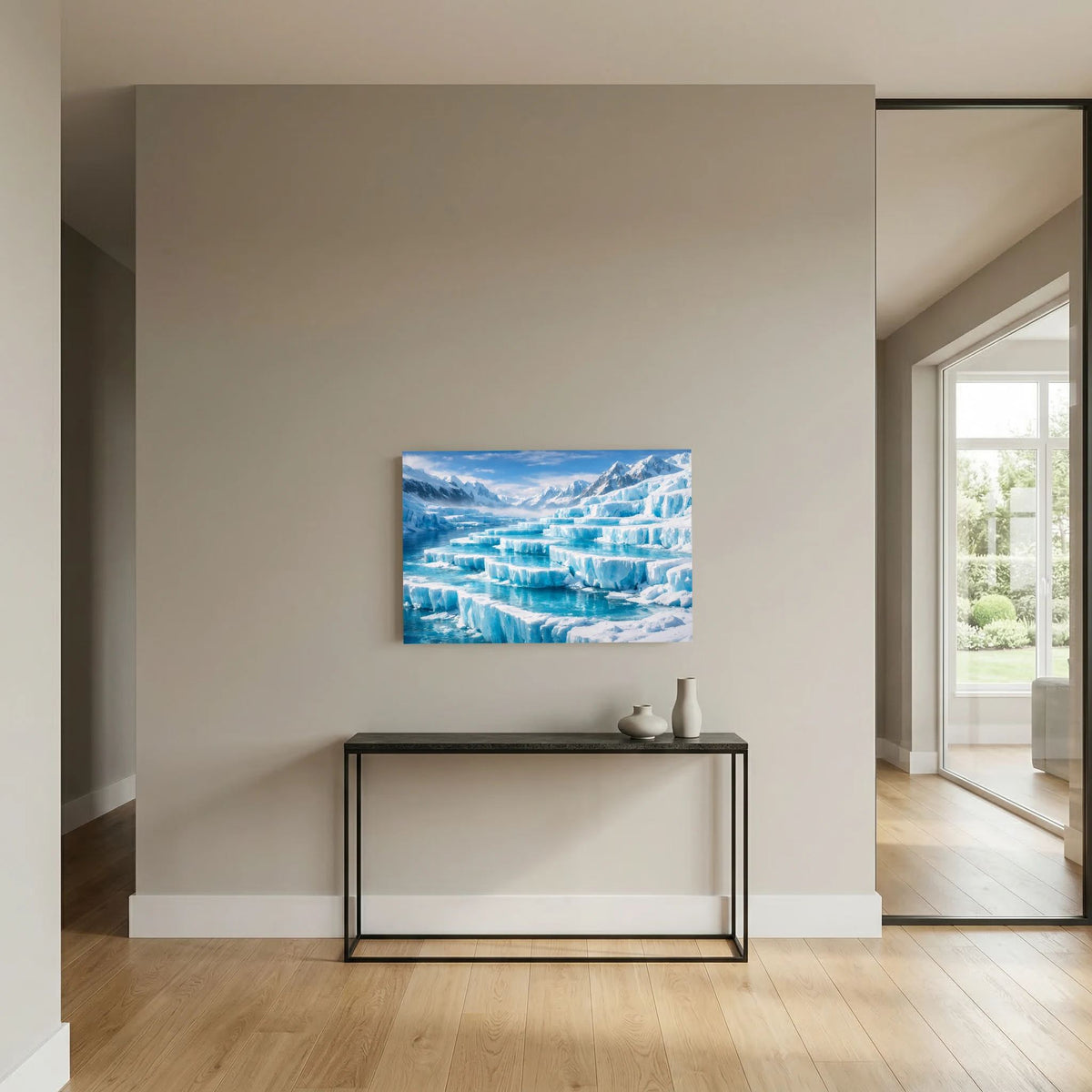 Querformat-Wandbild mit Gletscherlandschaft, türkisblauem Eis und schneebedeckten Bergen