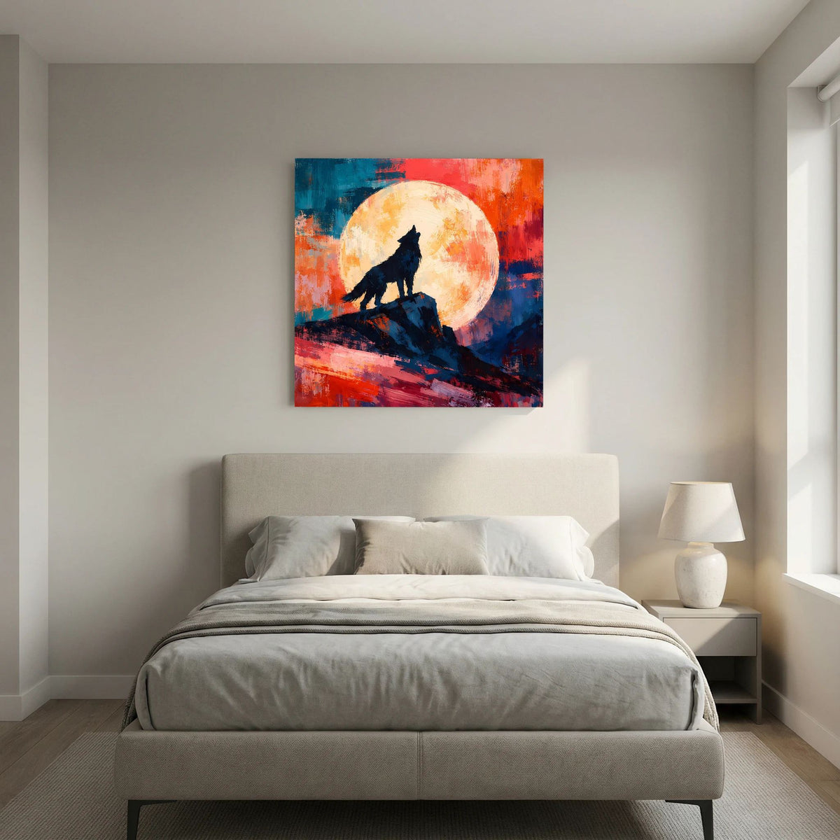 Leinwand Abstraktes Wolf Gemälde | Modernes Mystisches Wandbild Heulender Wolf Vollmond