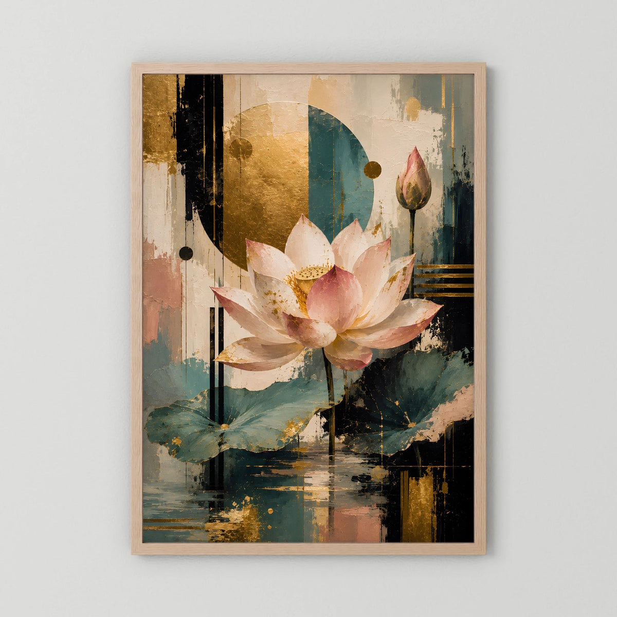 Gerahmtes Lotusblüten-Poster mit hellem Eichenrahmen: Rosa Blüte, Gold, Türkis, abstrakte Muster.