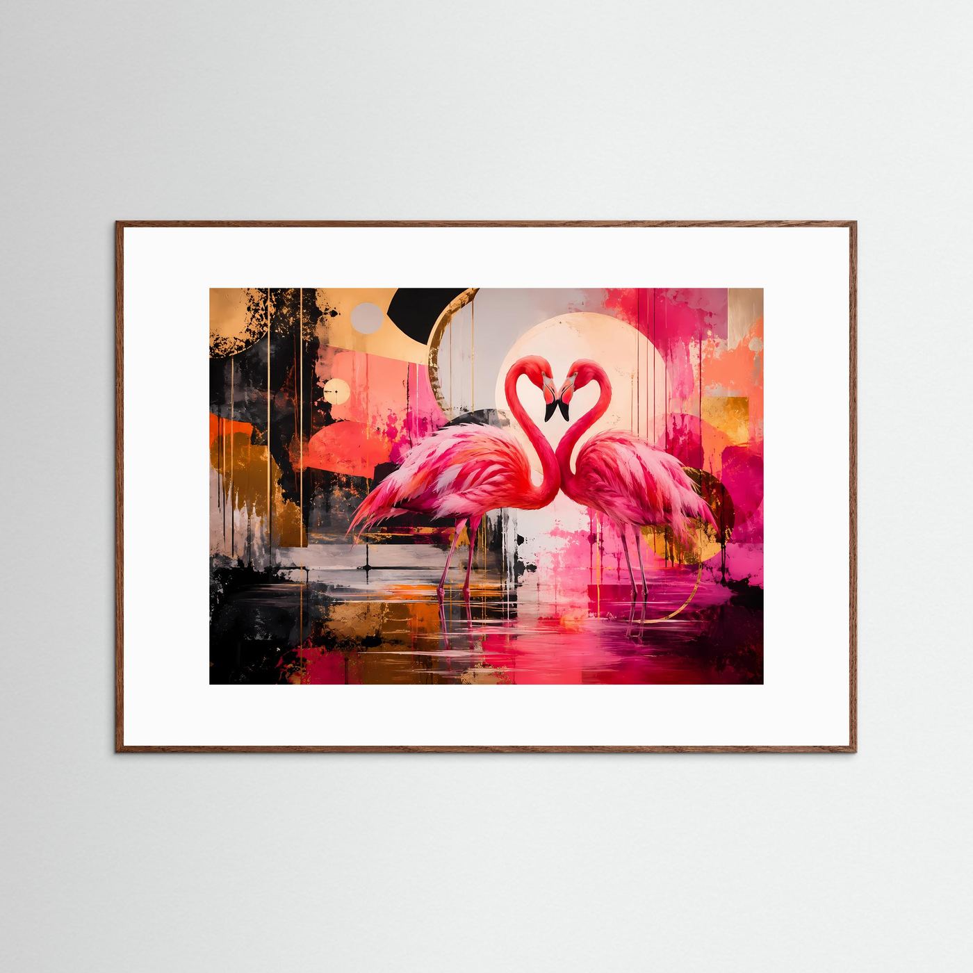 Flamingo-Liebe in Pink & Gold | Modernes Wandbild & Kunstdruck Querformat