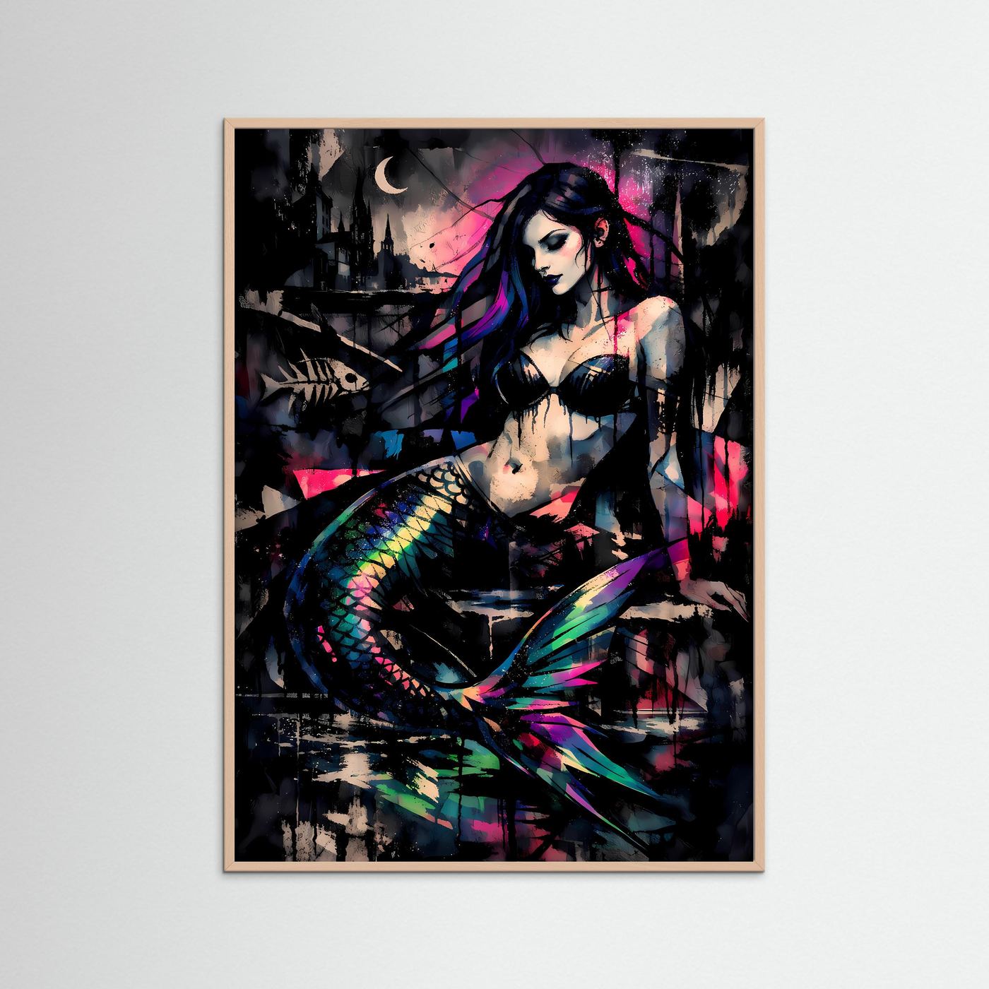 The Dark Mermaid | Luxuriöses Meerjungfrauen Poster Bunt & Schwarz | Abstraktes Sirenen Kunstposter Hochformat