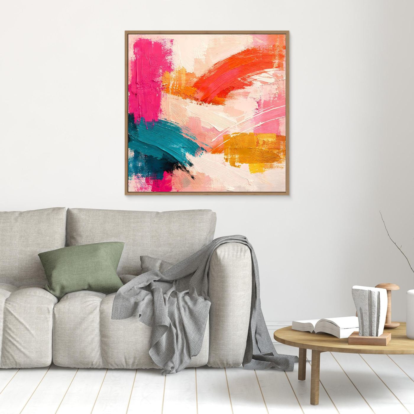 Quadratisches abstraktes Leinwand-Wandbild mit pastellfarbenen Pinselstrichen und goldenem Rahmen