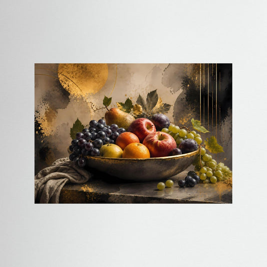 Querformat-Poster mit Obstschale und Trauben, Äpfeln, Orangen sowie Birne
