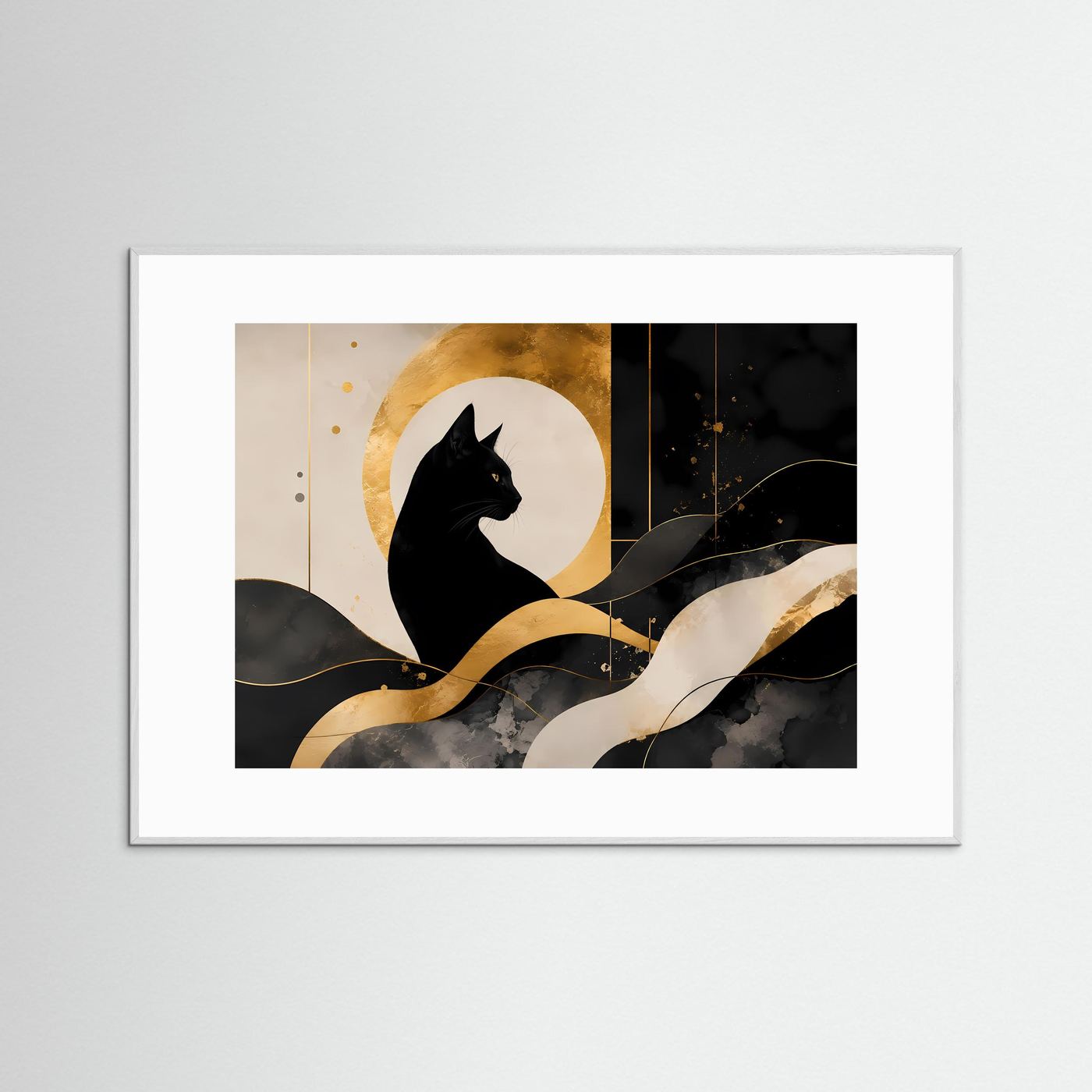 Schwarze Katze vor goldenem Mond | Abstrakte Katzenkunst in Schwarz & Gold