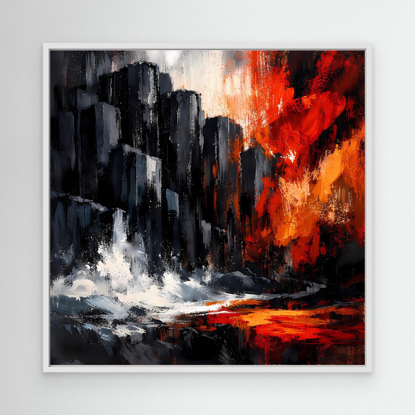 Abstraktes Leinwand-Wandbild mit weißem Rahmen: rote Felswände, Orange, weiße Spritzer