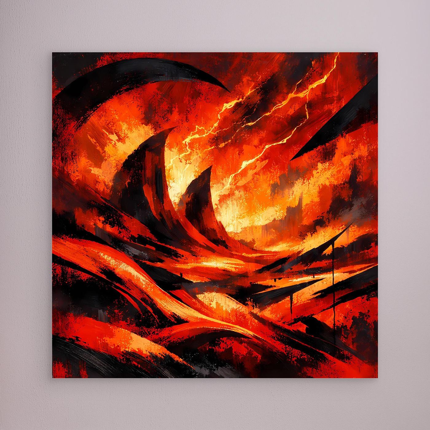 Wandbild auf Leinwand mit abstrakter Lava und Blitzen, ohne sichtbaren Rahmen