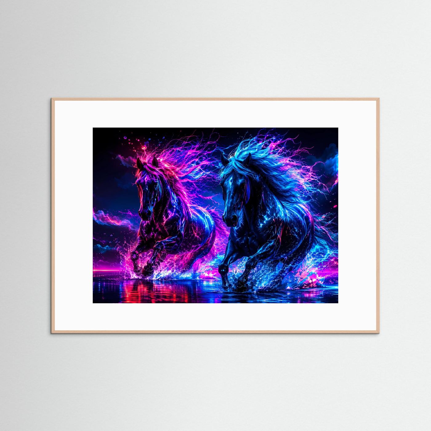 Neon Pferde Poster Querformat | Futuristische Pferde Wandkunst in Pink & Blau | Modernes Cyberpunk Wandbild