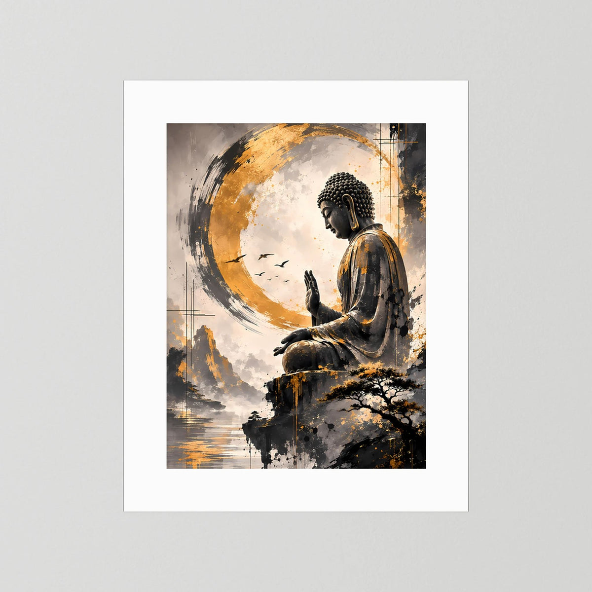 Zen-Poster mit sitzendem Buddha im goldenen Kreis, mit weißem Rand