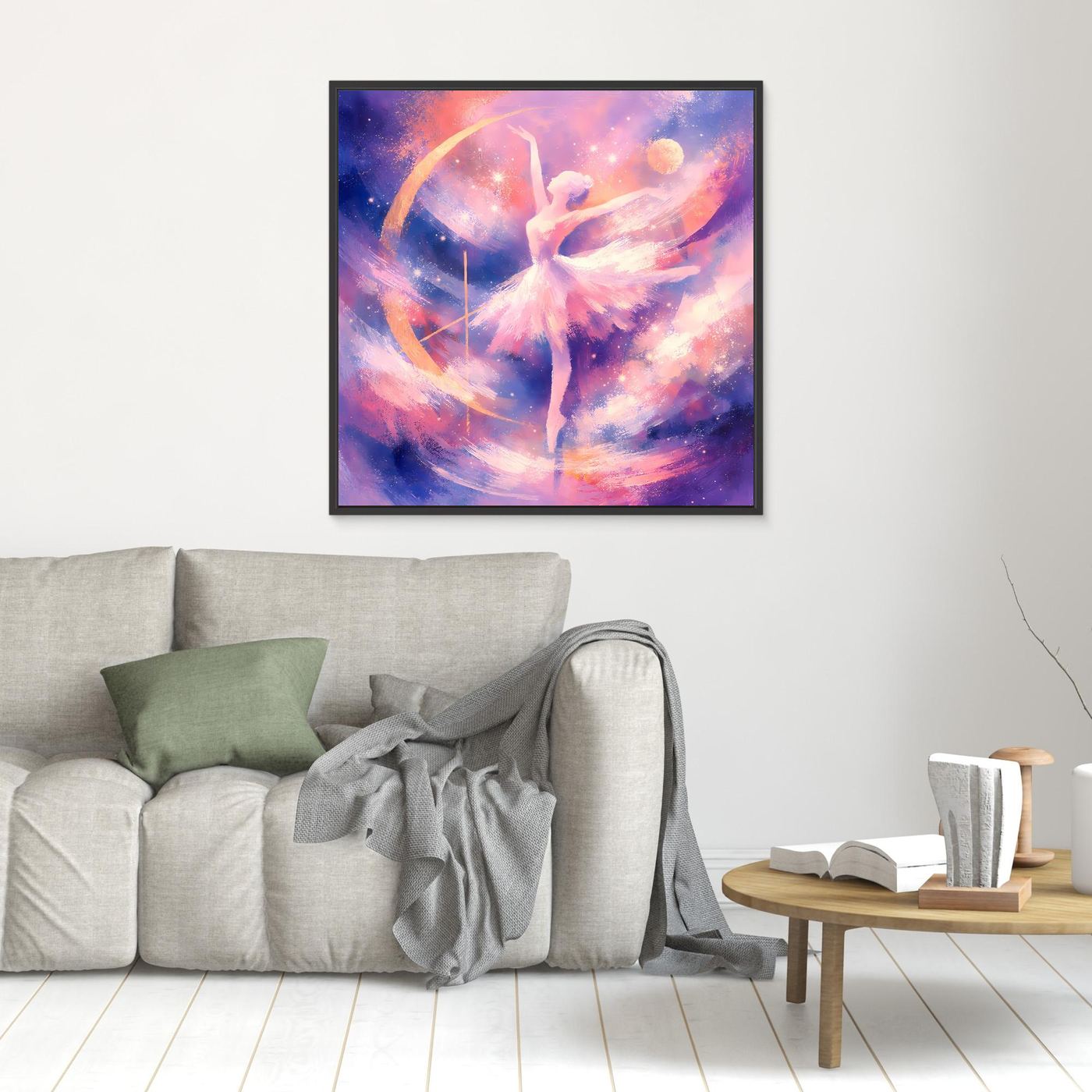 Kleines Leinwandbild mit Ballerina im Flügel-Design, schwarz gerahmt, Sternenverlauf