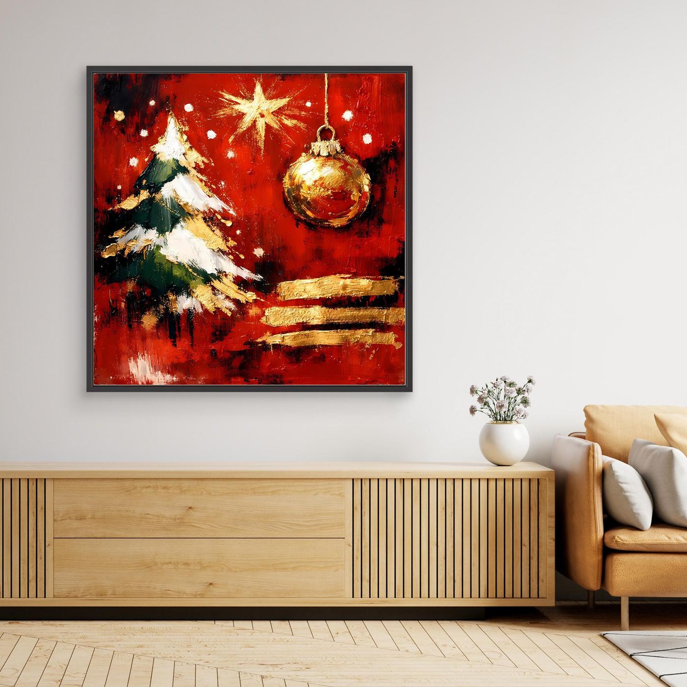 Schwarz gerahmtes Leinwand-Wandbild mit abstraktem Weihnachtsbaum in Rot und Gold