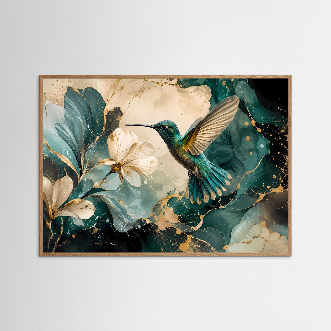 Kolibri mit Magnolienblüten Poster | Elegante Vogelkunst in Türkis Gold Modernes Blumen Wandbild Querformat