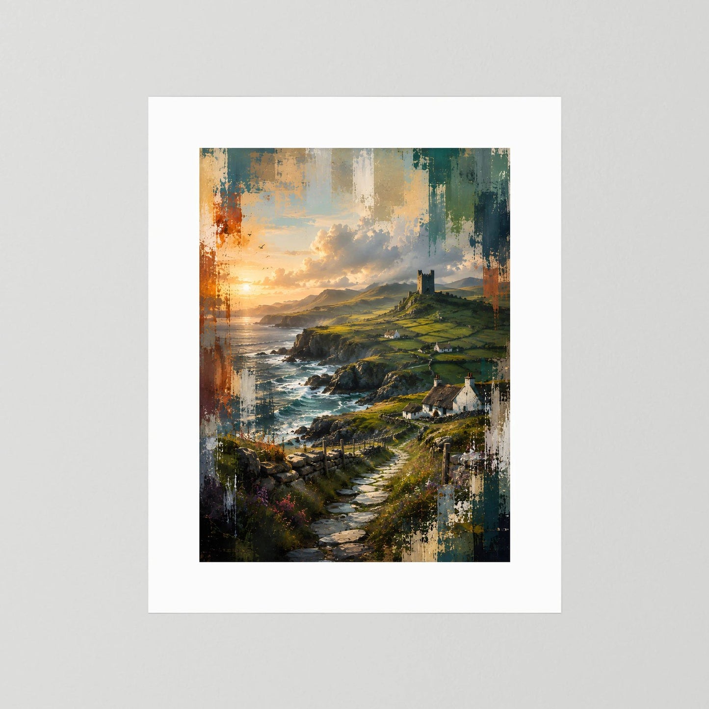 Landschaftsposter ohne Rahmen, Hochformat mit Küstenweg, Meer und Burgruine, weißer Rand