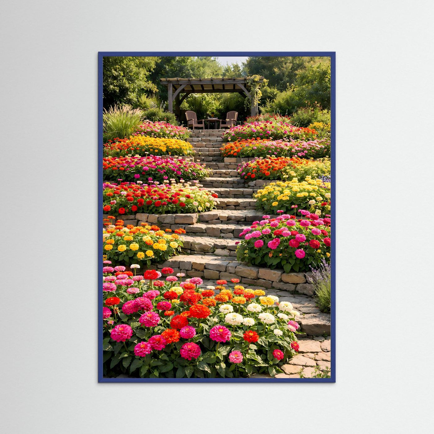 Hochkant-Garten-Poster: Pergola über Steintreppe und bunte Blumenbeete